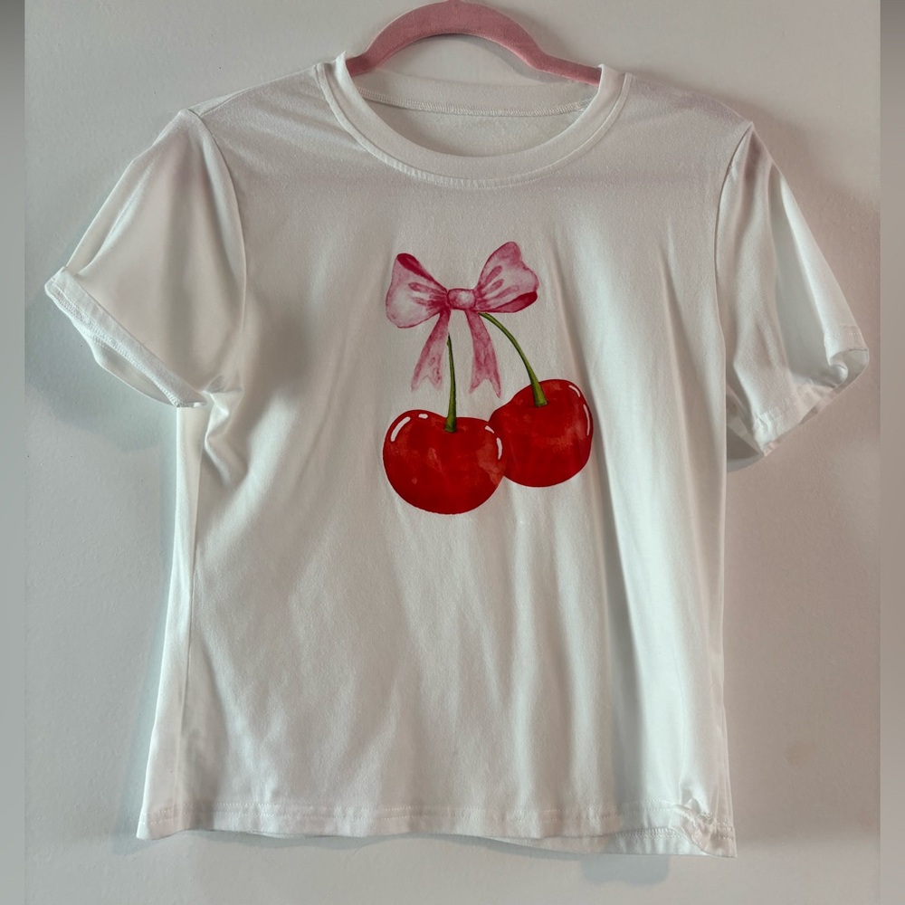 White Women’s Baby Tee with Cherry Design